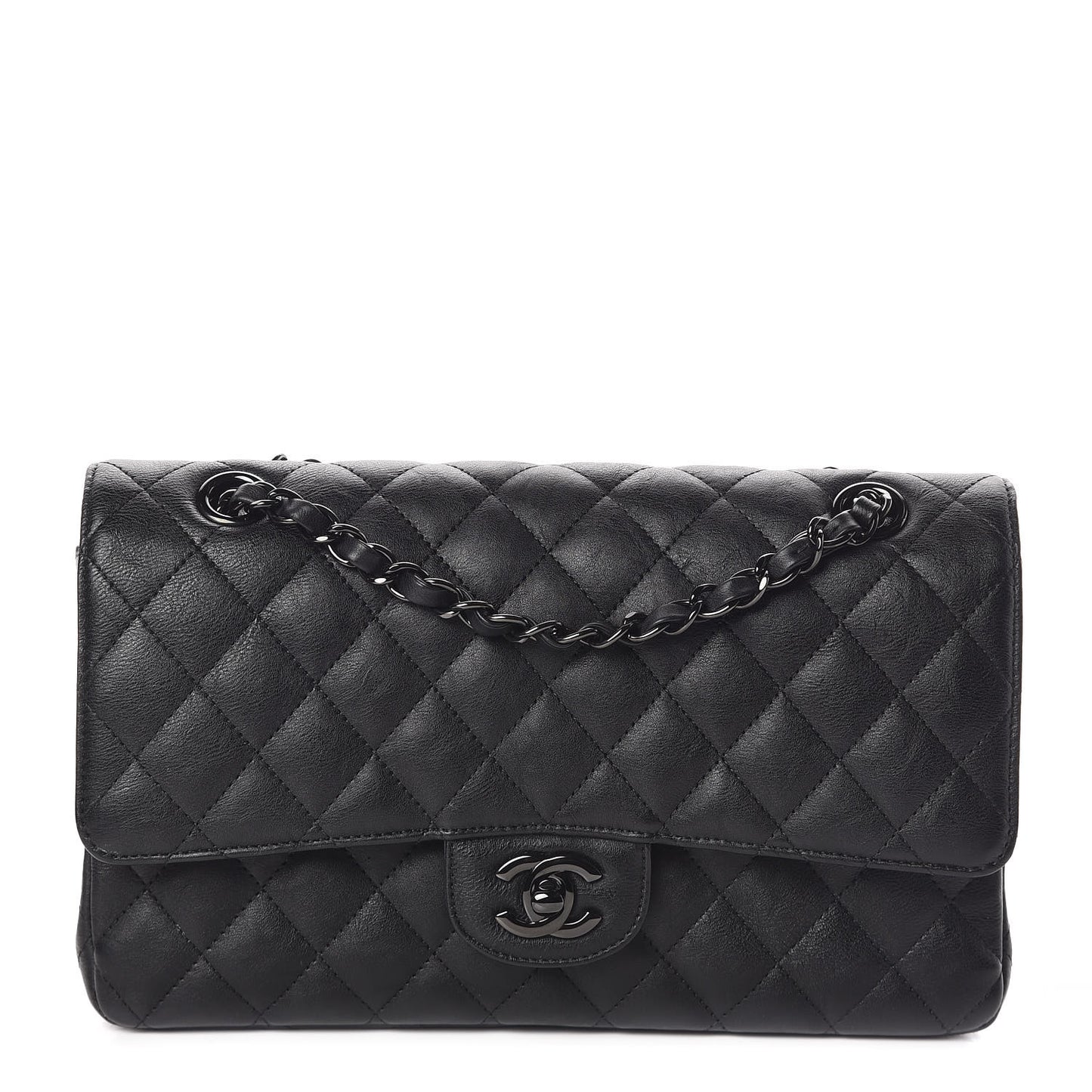 Crumpled Calfskin Quilted Medium Double Flap So Black