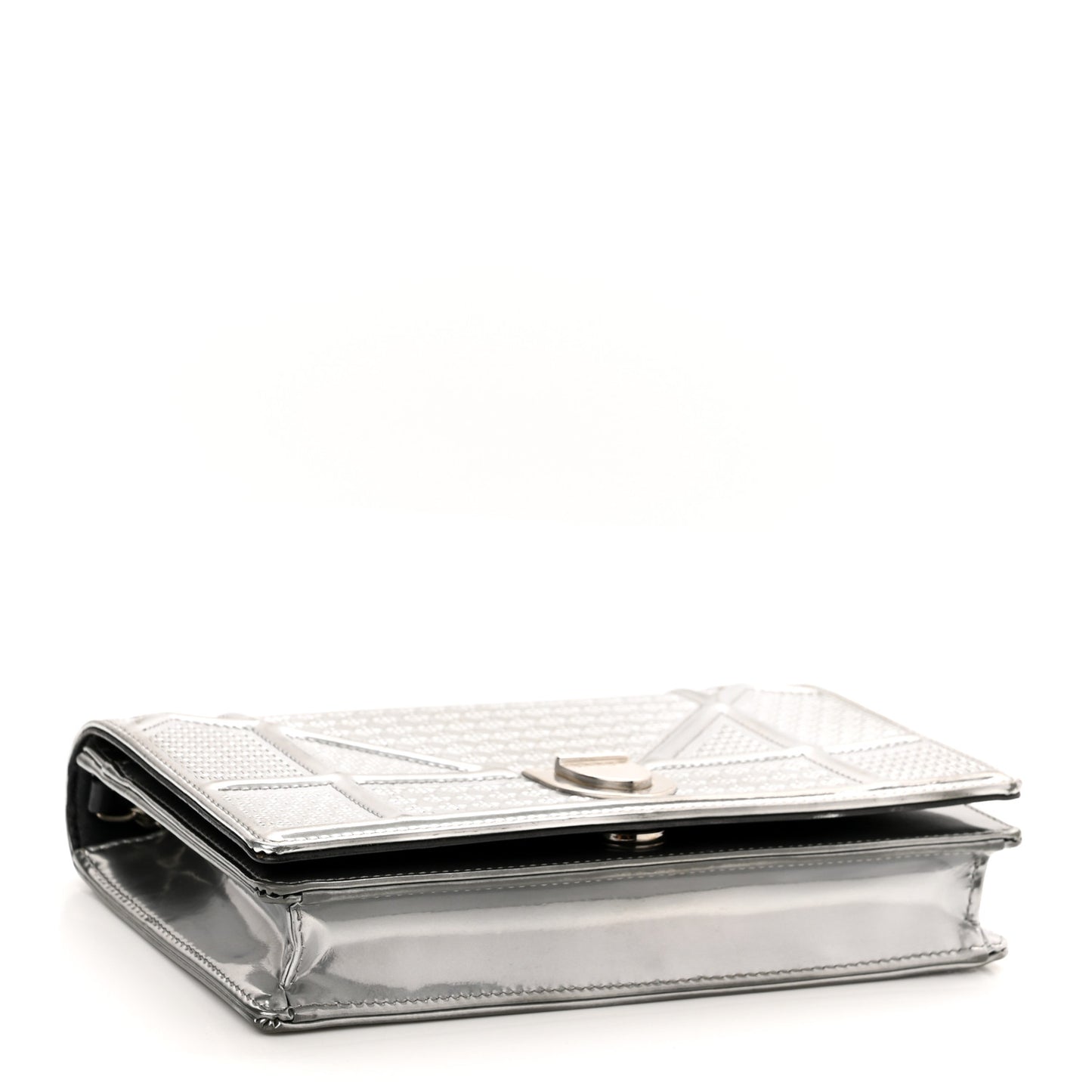 Metallic Patent Micro-Cannage Diorama Wallet on Chain Pouch Silver
