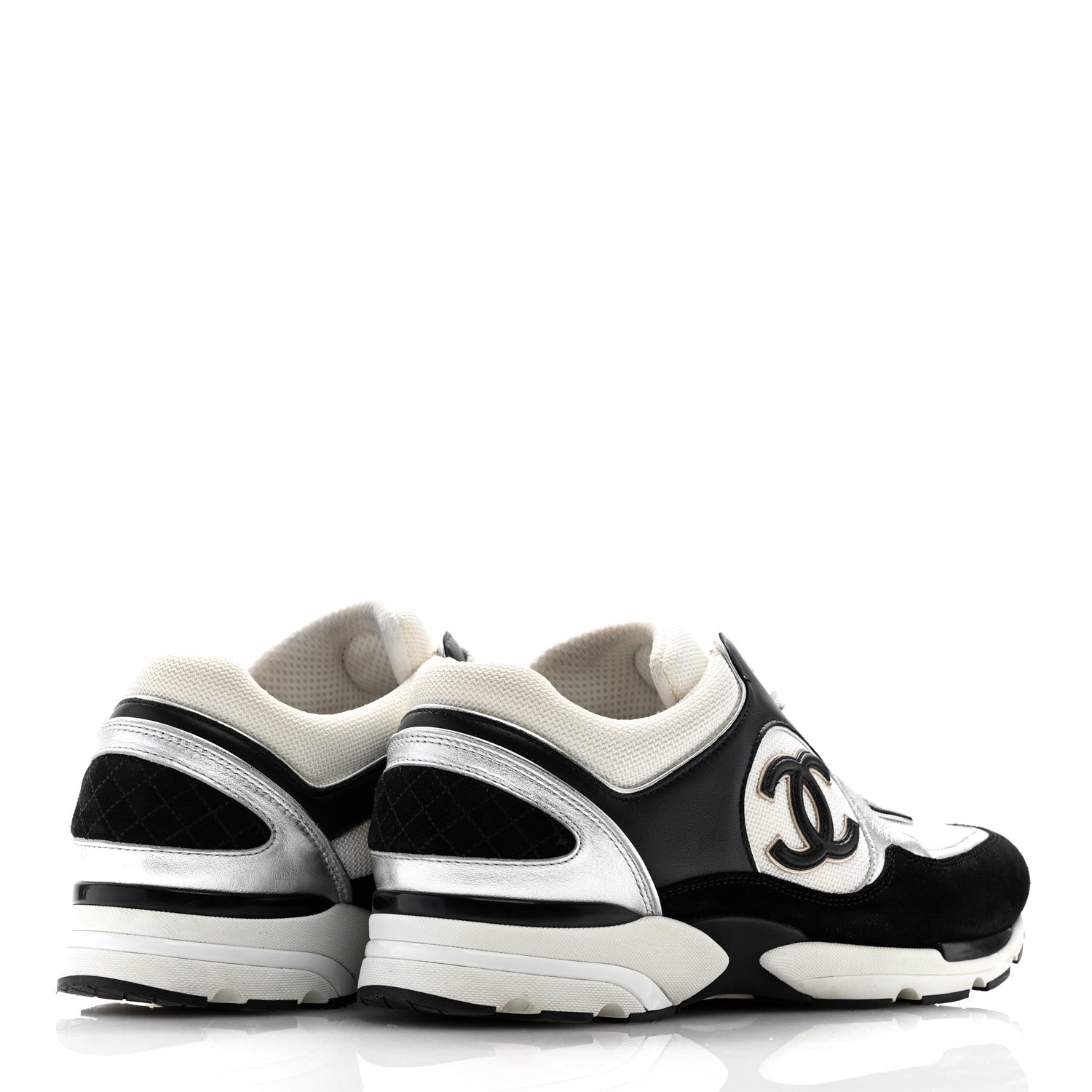 Chanel Mesh Suede Calfskin Mens CC Sneakers 44 White Silver Black 5 of 11