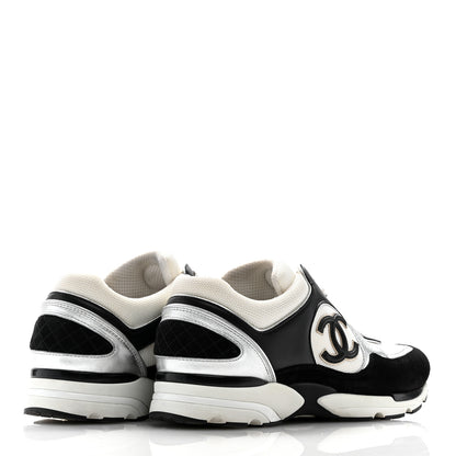 Chanel Mesh Suede Calfskin Mens CC Sneakers 44 White Silver Black 5 of 11