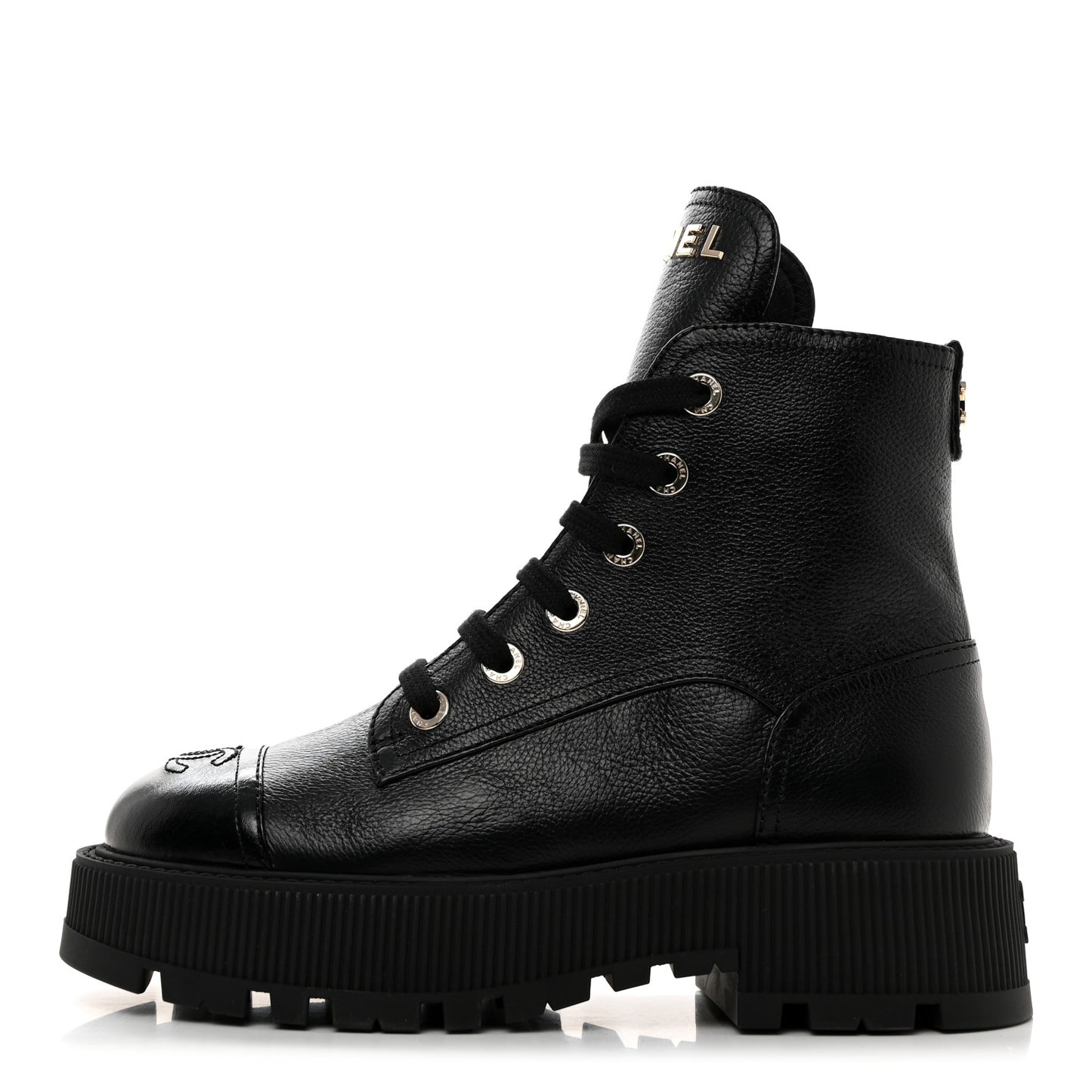 Grained Calfskin Shiny Calfskin CC Lace Up Combat Boots 37.5 Black