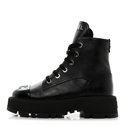 Chanel Grained Calfskin Shiny Calfskin CC Lace Up Combat Boots 37.5 Black 1 of 8