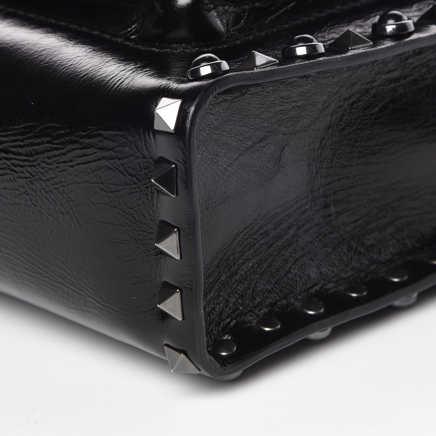 Craquele Calfskin Small Guitar Strap Rockstud Rolling Flap Pocket Shoulder Bag Black