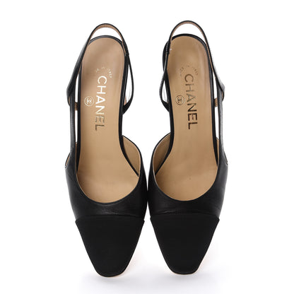 Chanel Goatskin Grosgrain Cap Toe CC Slingback Pumps 36 Black 7 of 16