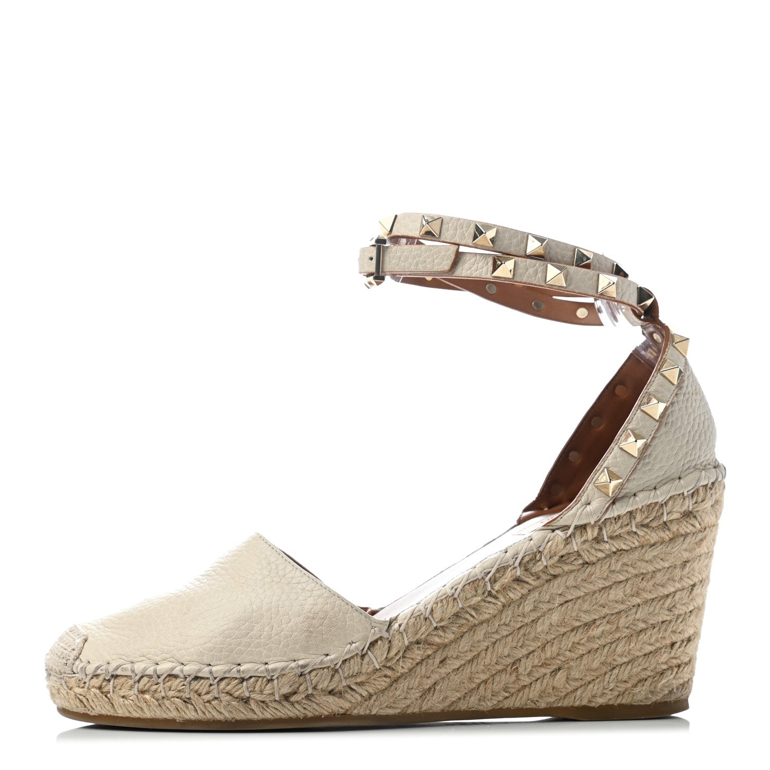 Valentino Garavani Grained Calfskin Rockstud Ankle Wrap Espadrille 15/85mm Wedges 39 Light Ivory 1 of 6