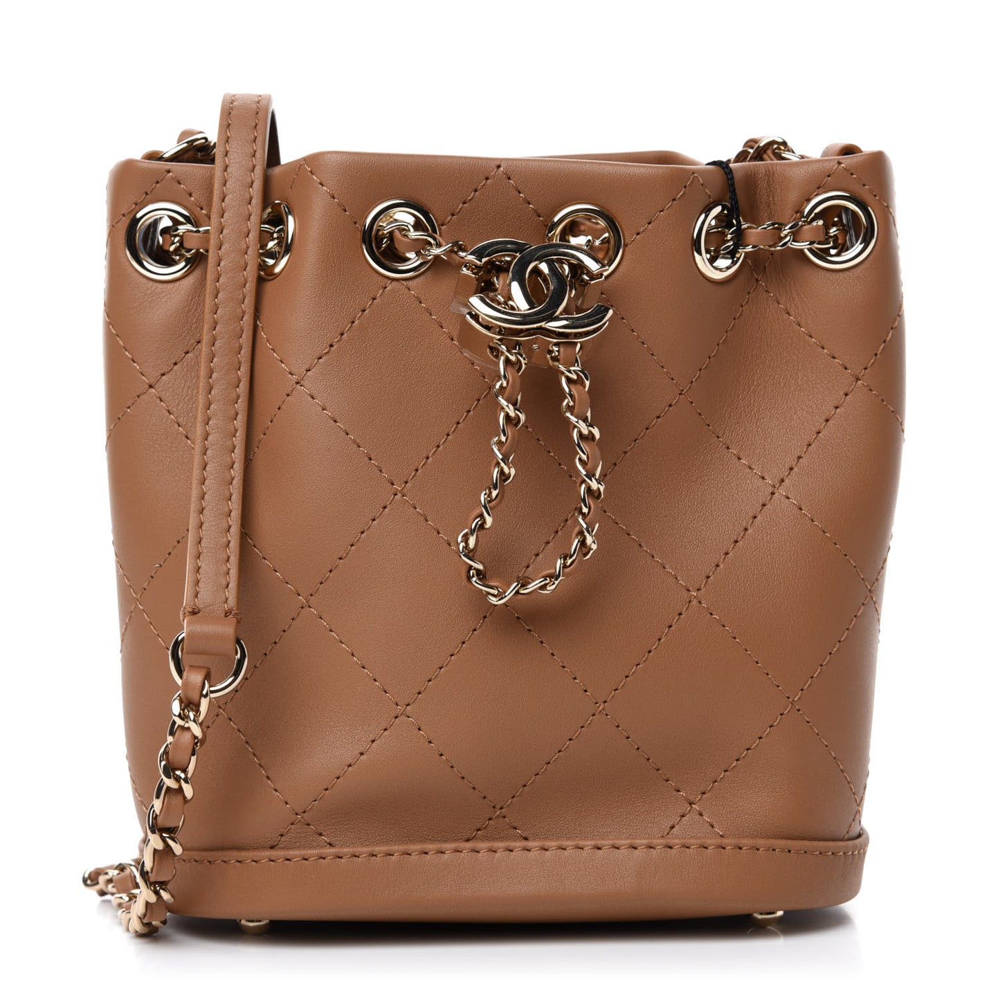 Calfskin Stitched Chain Bucket Bag Beige