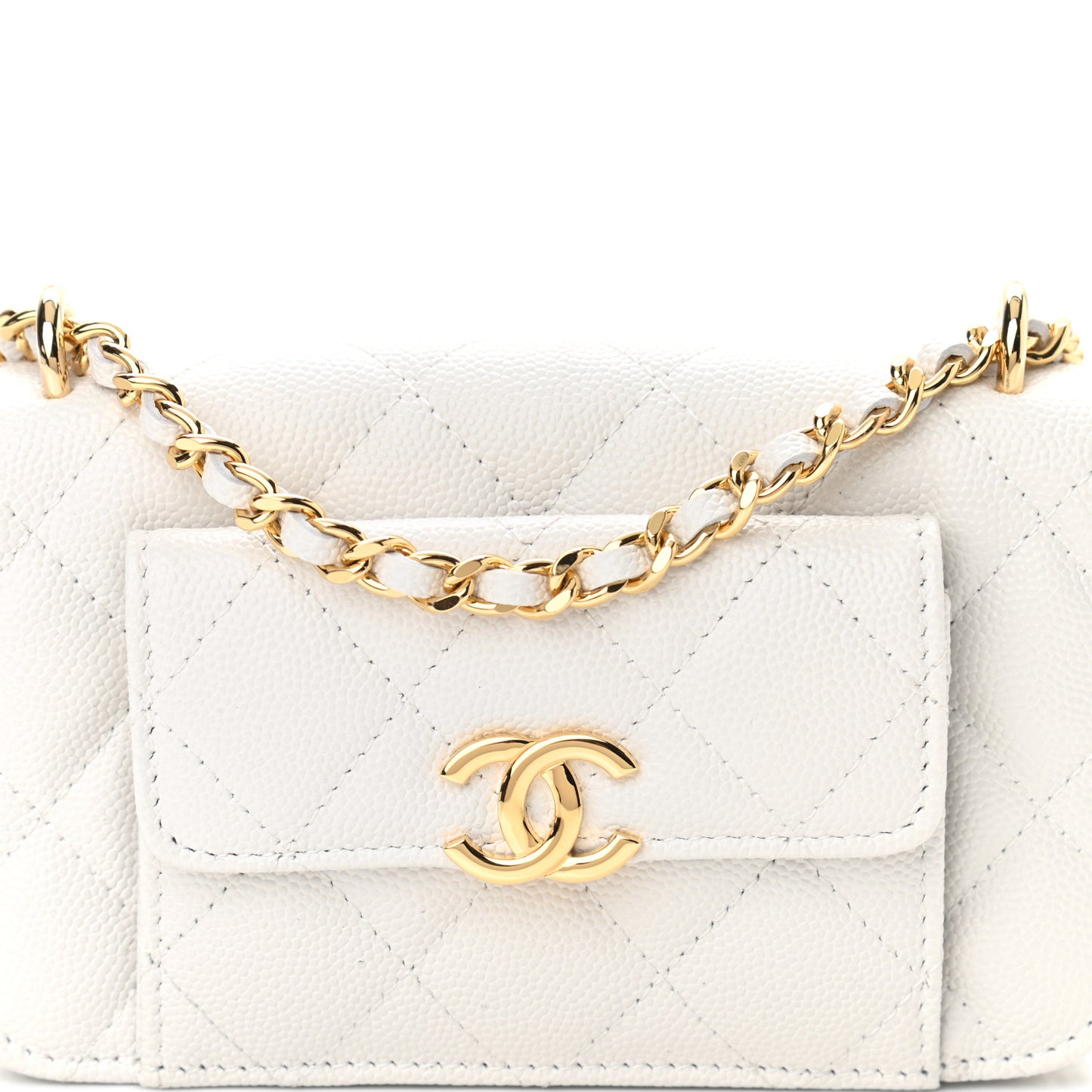 Caviar Quilted Pocket Twins Clutch With Chain White