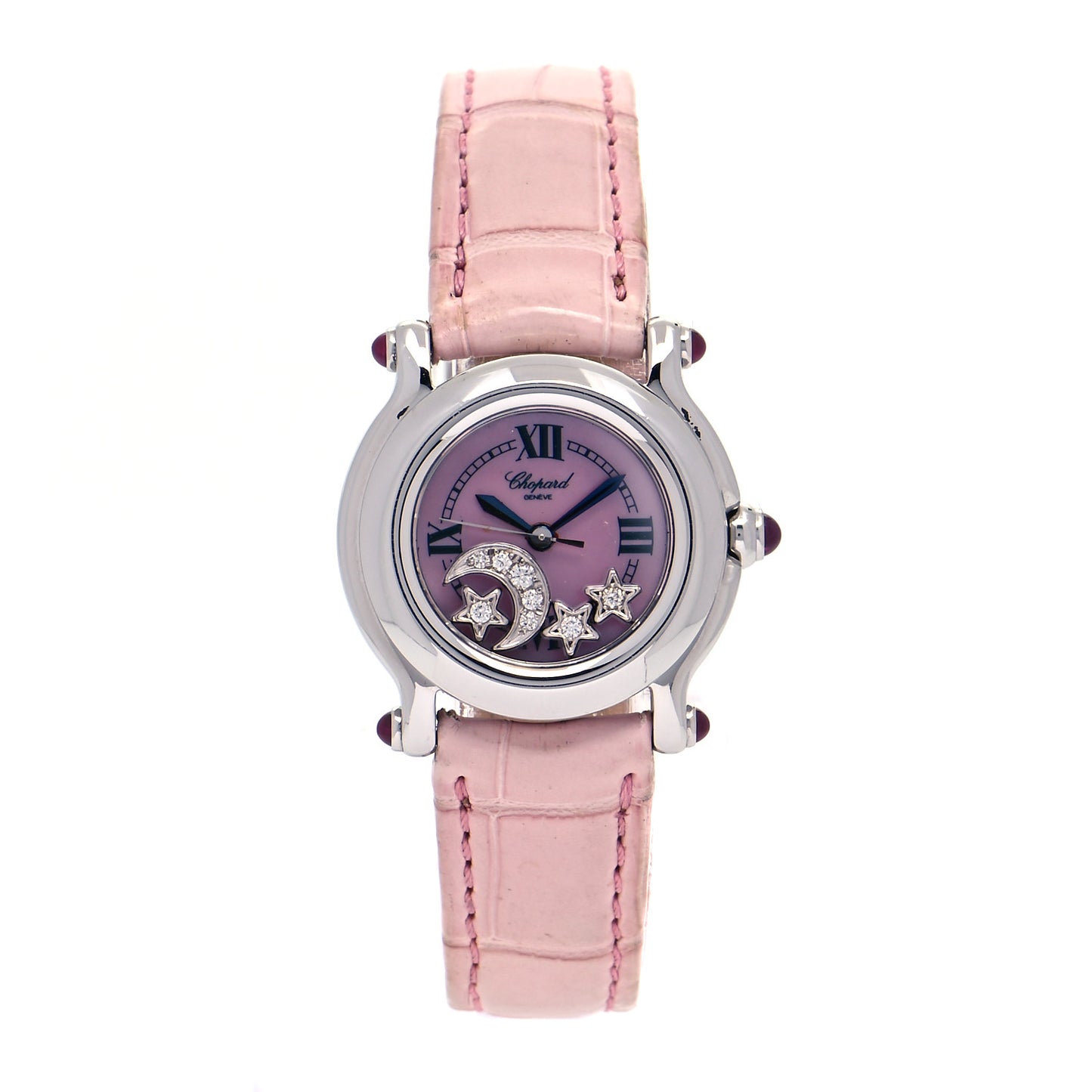 Stainless Steel Alligator Diamond Pink Mother of Pearl 26mm Happy Sport Moon Star Quartz Watch