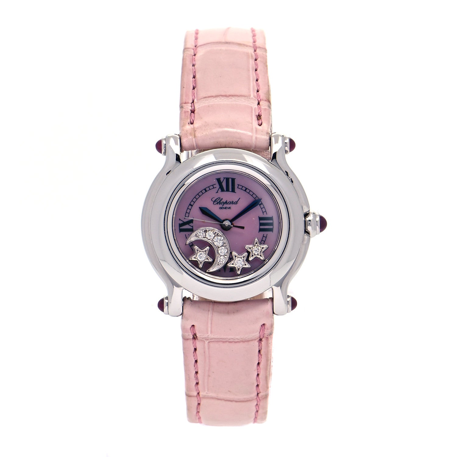 Chopard Stainless Steel Alligator Diamond Pink Mother of Pearl 26mm Happy Sport Moon Star Quartz Watch 1 of 6