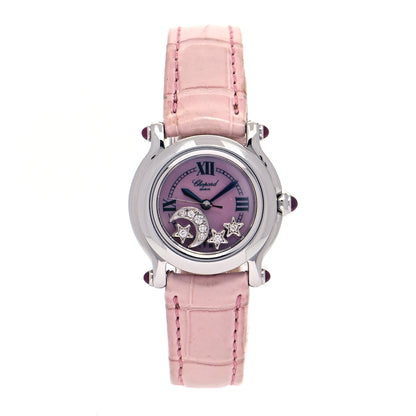 Chopard Stainless Steel Alligator Diamond Pink Mother of Pearl 26mm Happy Sport Moon Star Quartz Watch 1 of 6