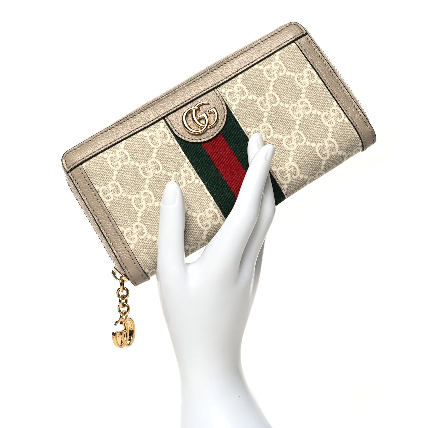 Gucci GG Supreme Monogram Textured Dollar Calfskin Web Ophidia Zip Around Wallet Beige Mystic White Oatmeal 2 of 10