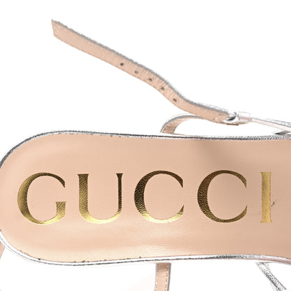Gucci Metallic Nappa Silk Crystal GG Isa Ankle Strap Mid Heel Sandals 39.5 Silver 8 of 10