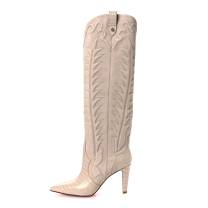 Christian Louboutin Calfskin Alligator Embossed Veau Velours Santia Botta 85 Tall Boots 40 Pearl 1 of 10