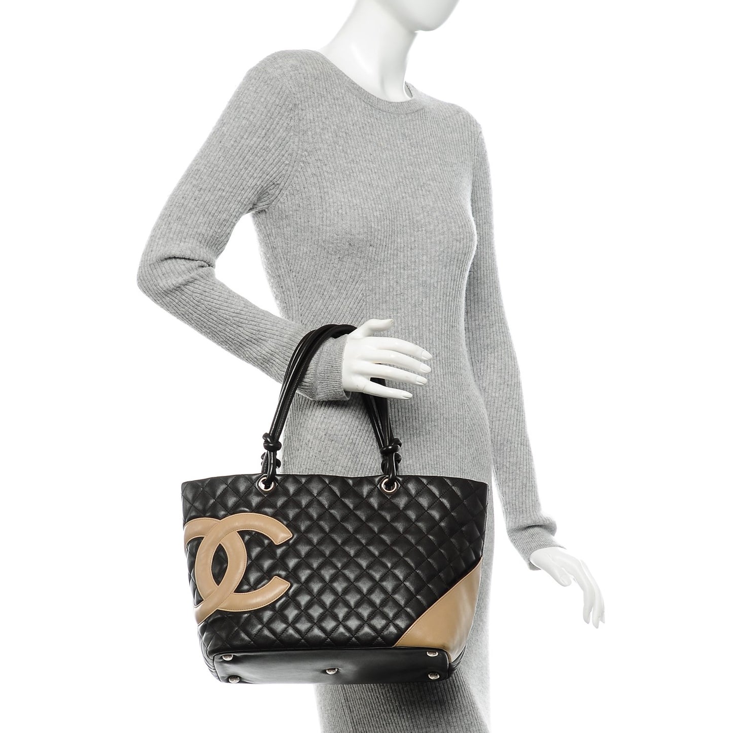 Calfskin Quilted Large Cambon Tote Brown Beige