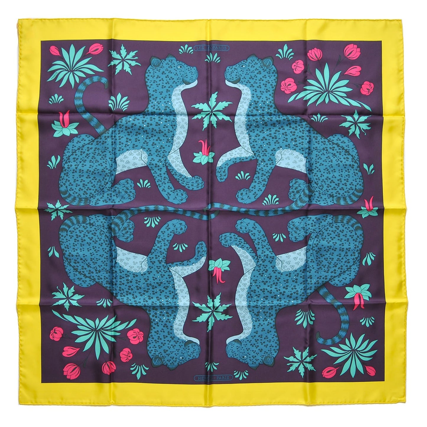 Silk Les Leopards Scarf 90 Jaune Vif Marine Canard