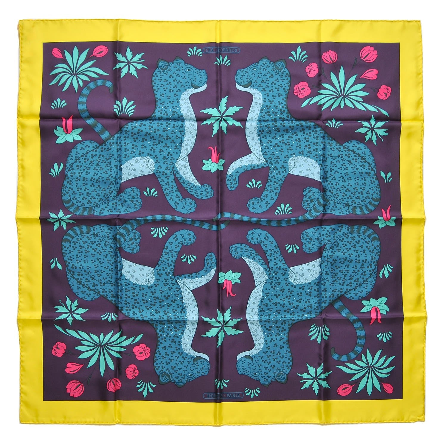 Hermes Silk Les Leopards Scarf 90 Jaune Vif Marine Canard 1 of 7