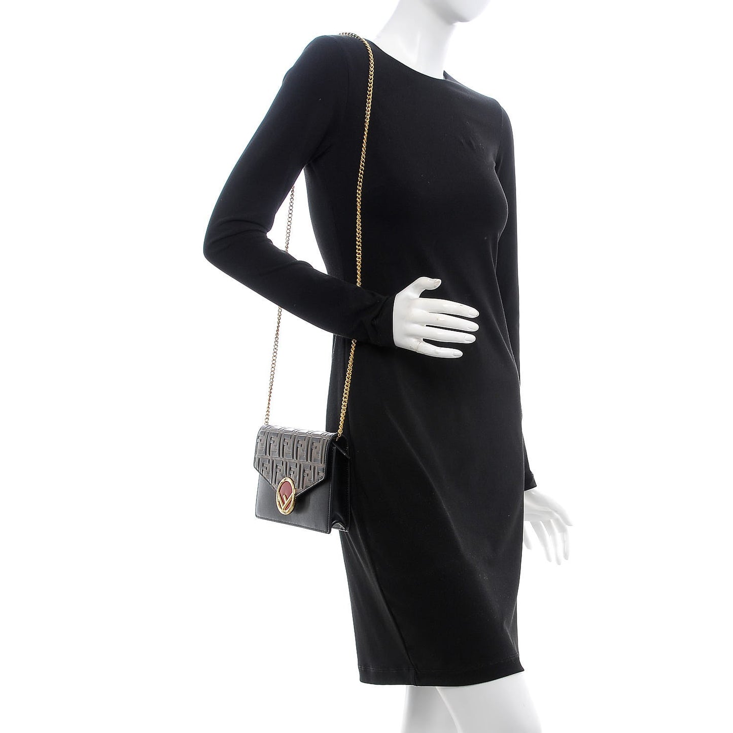 Vitello Liberty F is Fendi Bi-Color FF 1974 Embossed Medium Envelope Wallet On Chain Black Maya