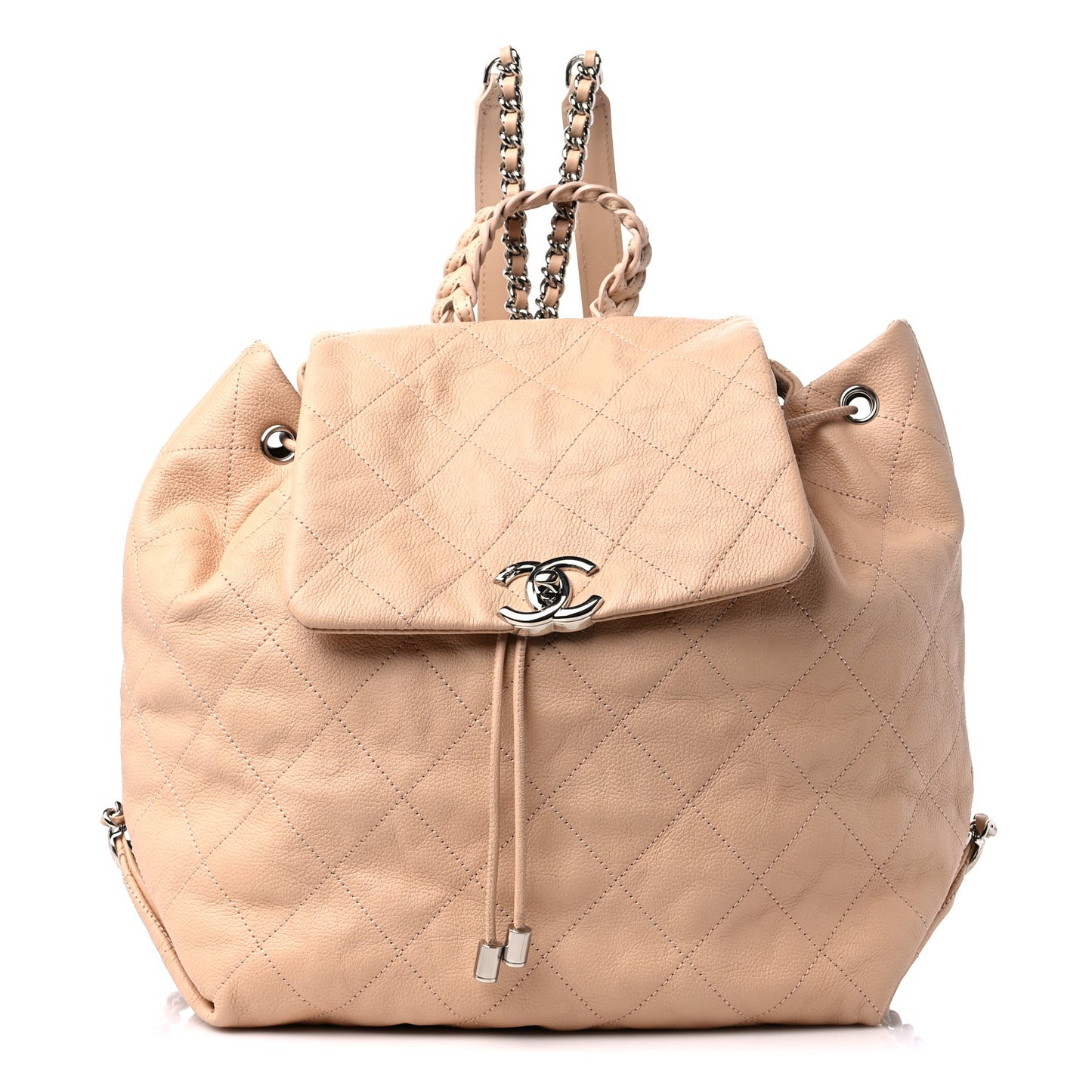 Grained Calfskin Stitched Braided With Style Backpack Beige