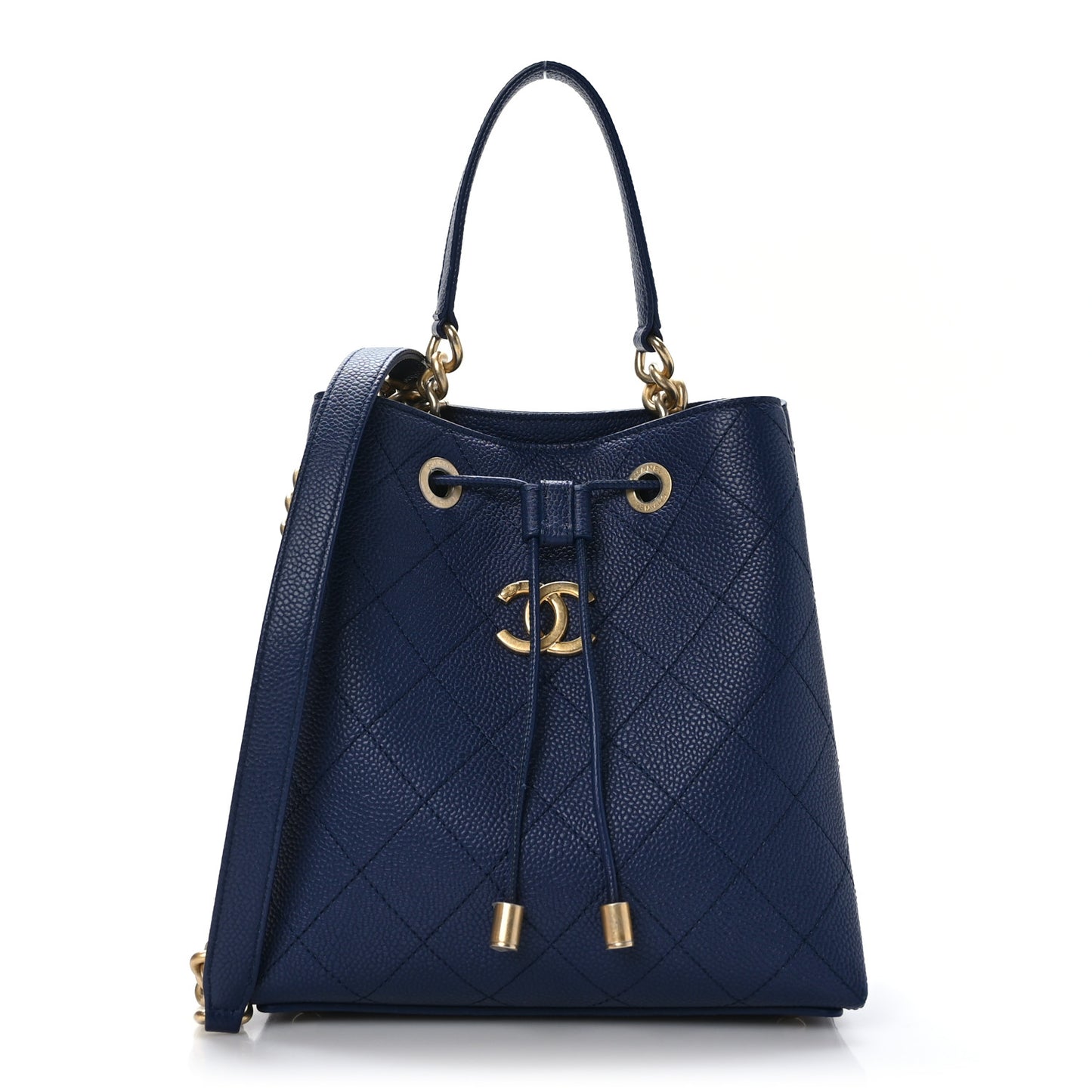 Grained Calfskin Stitched Small Drawstring Bag Navy