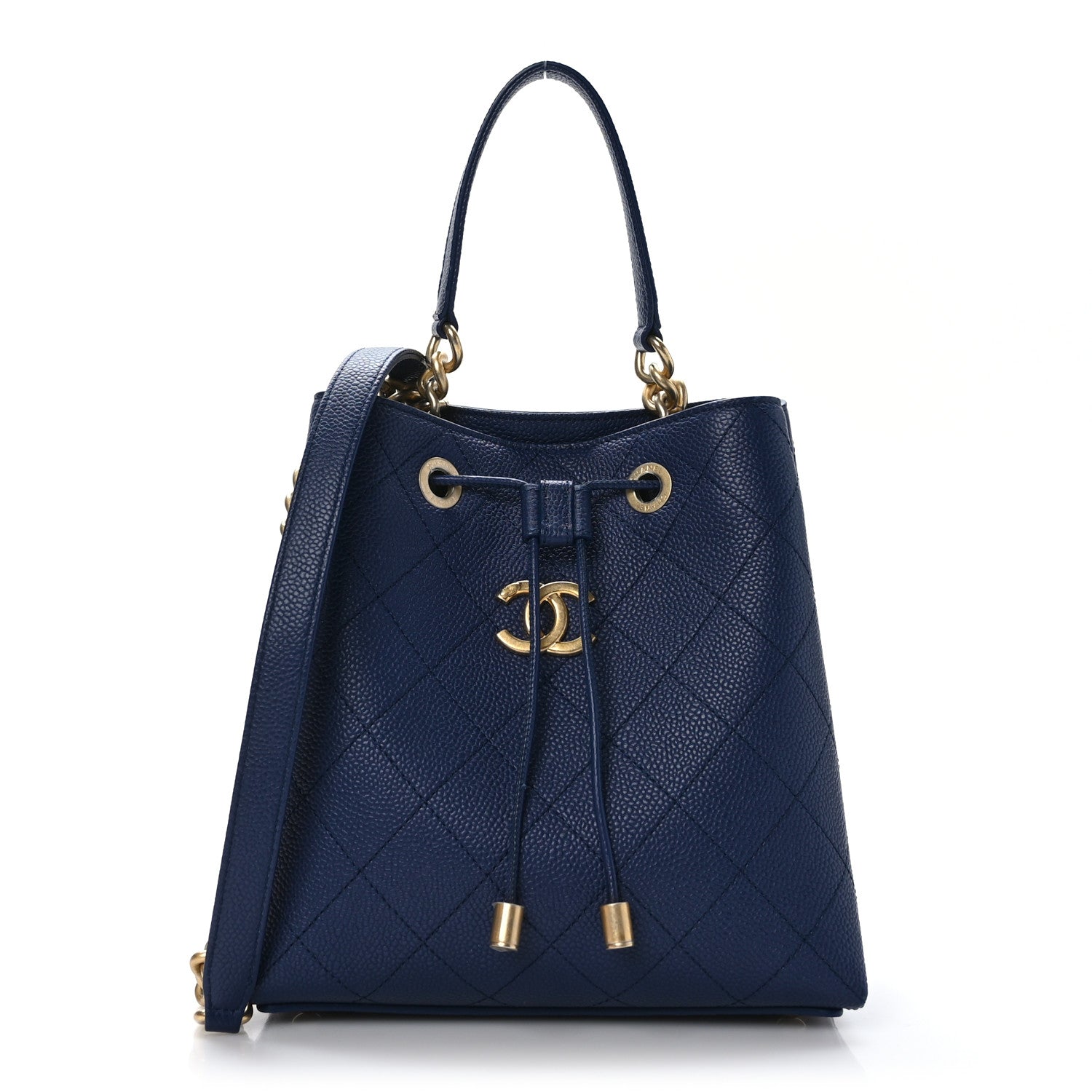 Chanel Grained Calfskin Stitched Small Drawstring Bag Navy 1 of 11