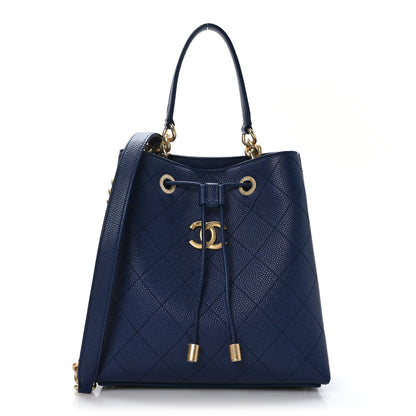 Chanel Grained Calfskin Stitched Small Drawstring Bag Navy 1 of 11