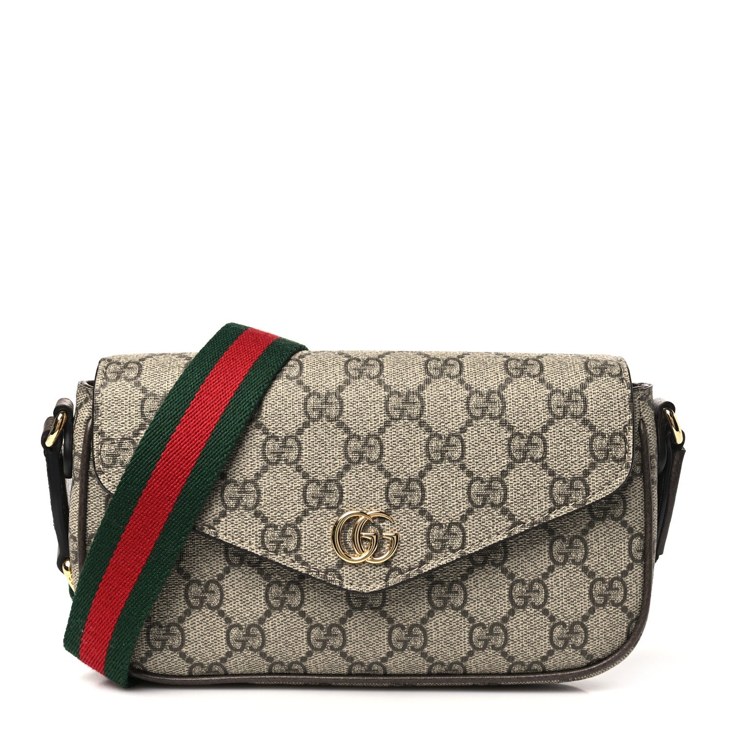 Gucci GG Supreme Monogram Textured Dollar Calfskin Web Mini Ophidia Envelope Shoulder Bag Beige Ebony 1 of 10