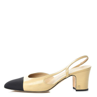Chanel Goatskin Grosgrain Cap Toe CC Slingback Pumps 40 Beige Black 1 of 13