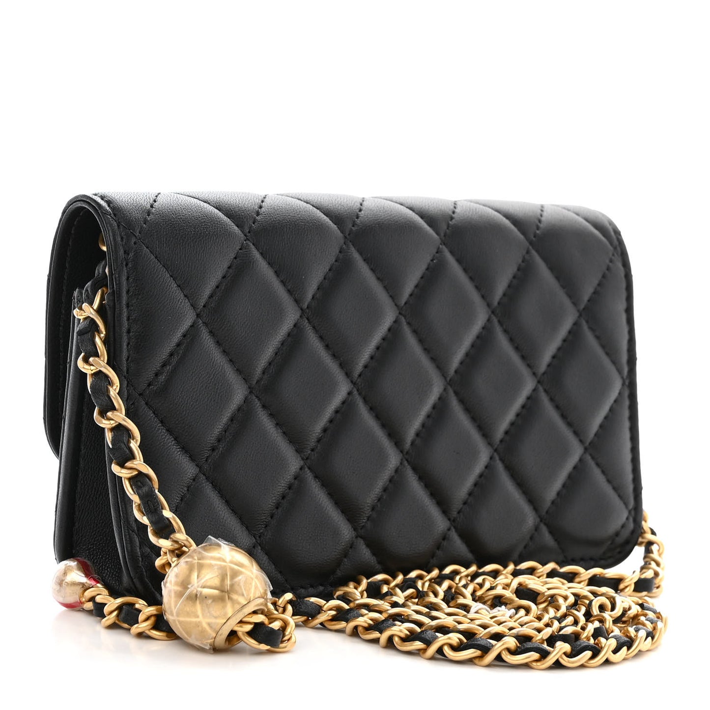 Lambskin Pearl Crush Quilted Flap Phone Holder With Chain Black