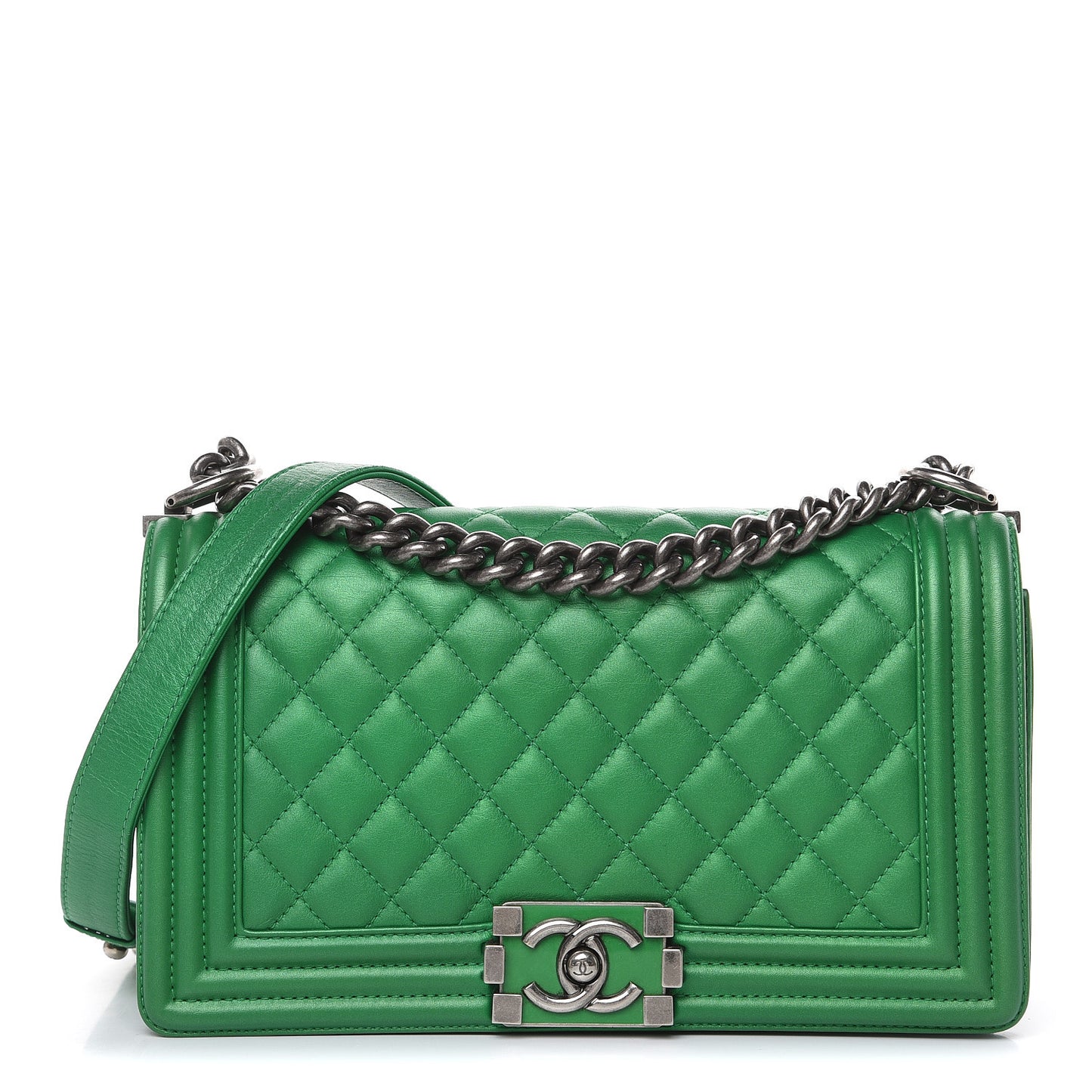 Metallic Calfskin Quilted Medium Boy Flap Green