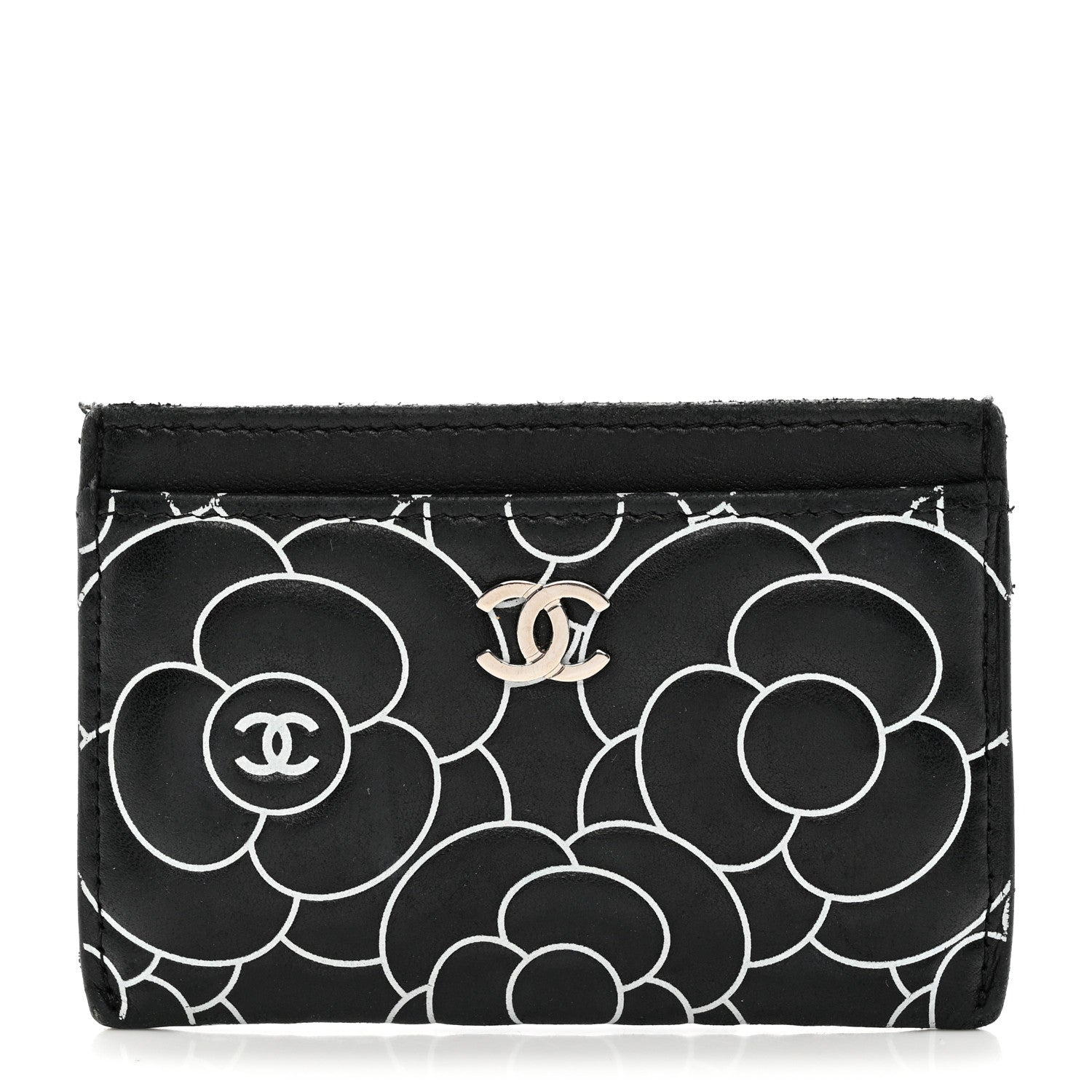 Chanel Lambskin Camellia Embossed Card Holder Black White 1 of 8
