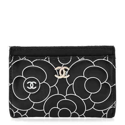 Chanel Lambskin Camellia Embossed Card Holder Black White 1 of 8