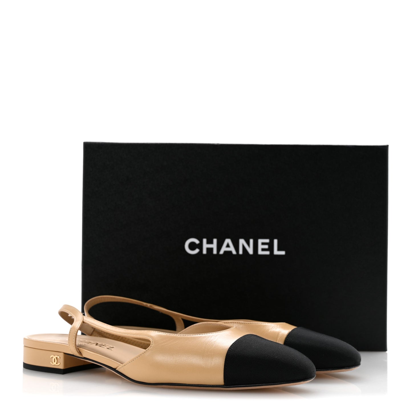Goatskin Grosgrain Cap Toe CC Slingback Sandals 38.5 Beige Black