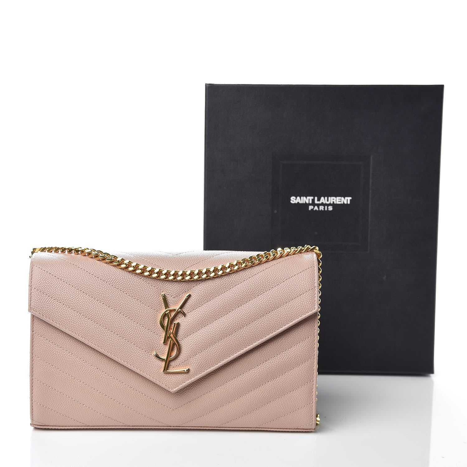 Saint Laurent Grain De Poudre Matelasse Chevron Monogram Chain Wallet Pale Pink 11 of 11