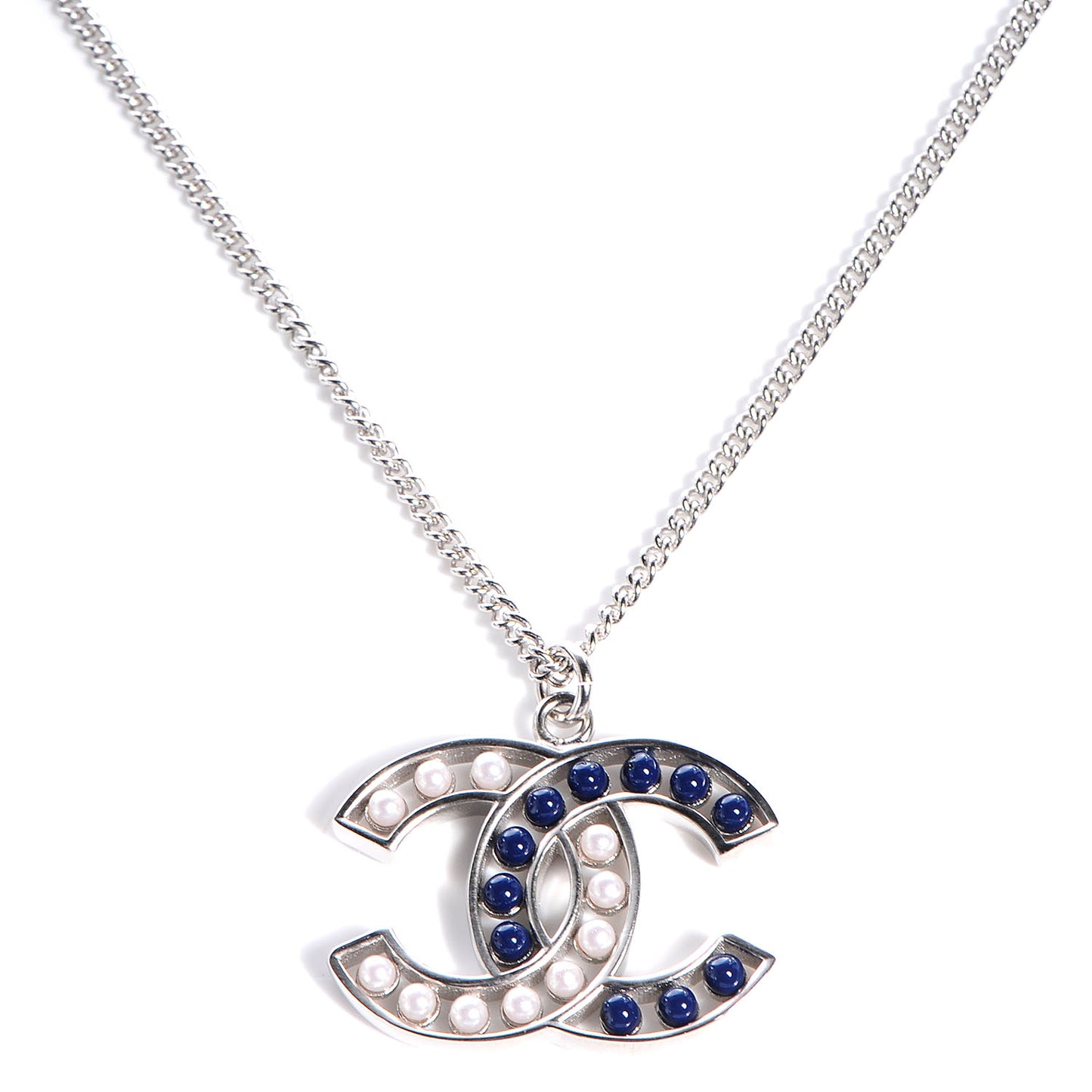 Pearl Beaded CC Necklace Silver White Blue