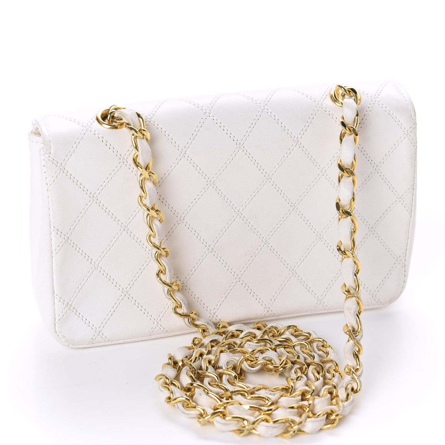 Calfskin Diamond Double Stitch Flap White