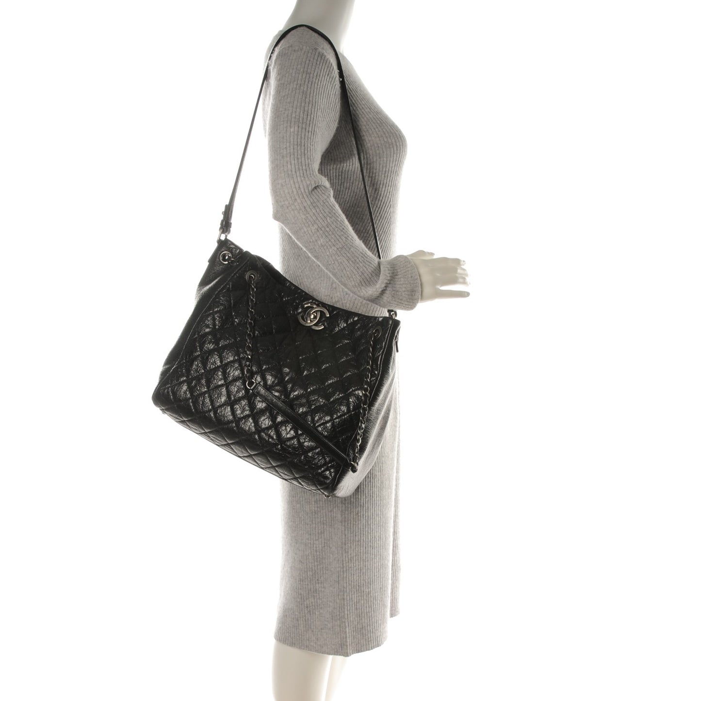 Glazed Calfskin Quilted Large Tote Black