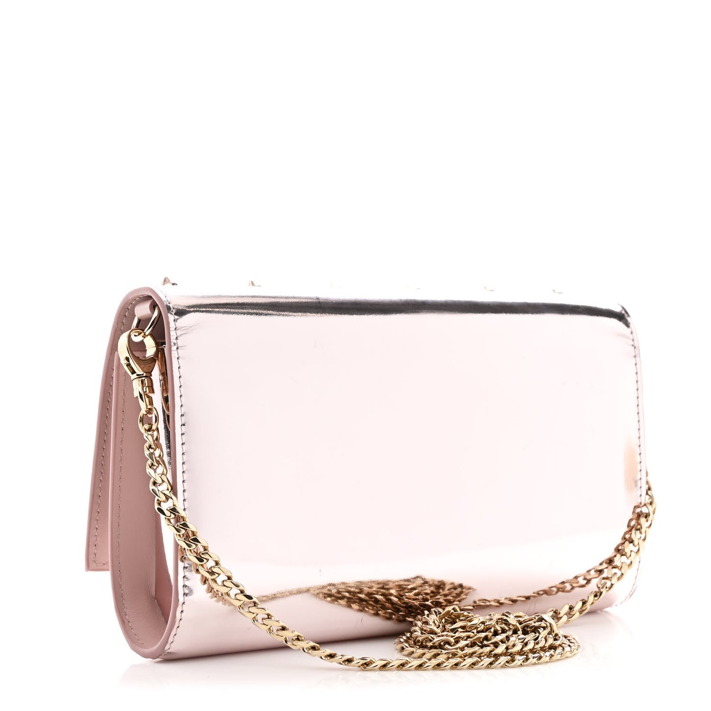 Metallic Patent Calfskin Spikes Loubinthesky Paloma Clutch Pink