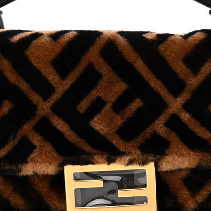 Fendi Shearling Vitello Dolce Macro FF 1974 Mini Baguette Tobacco Black 7 of 10