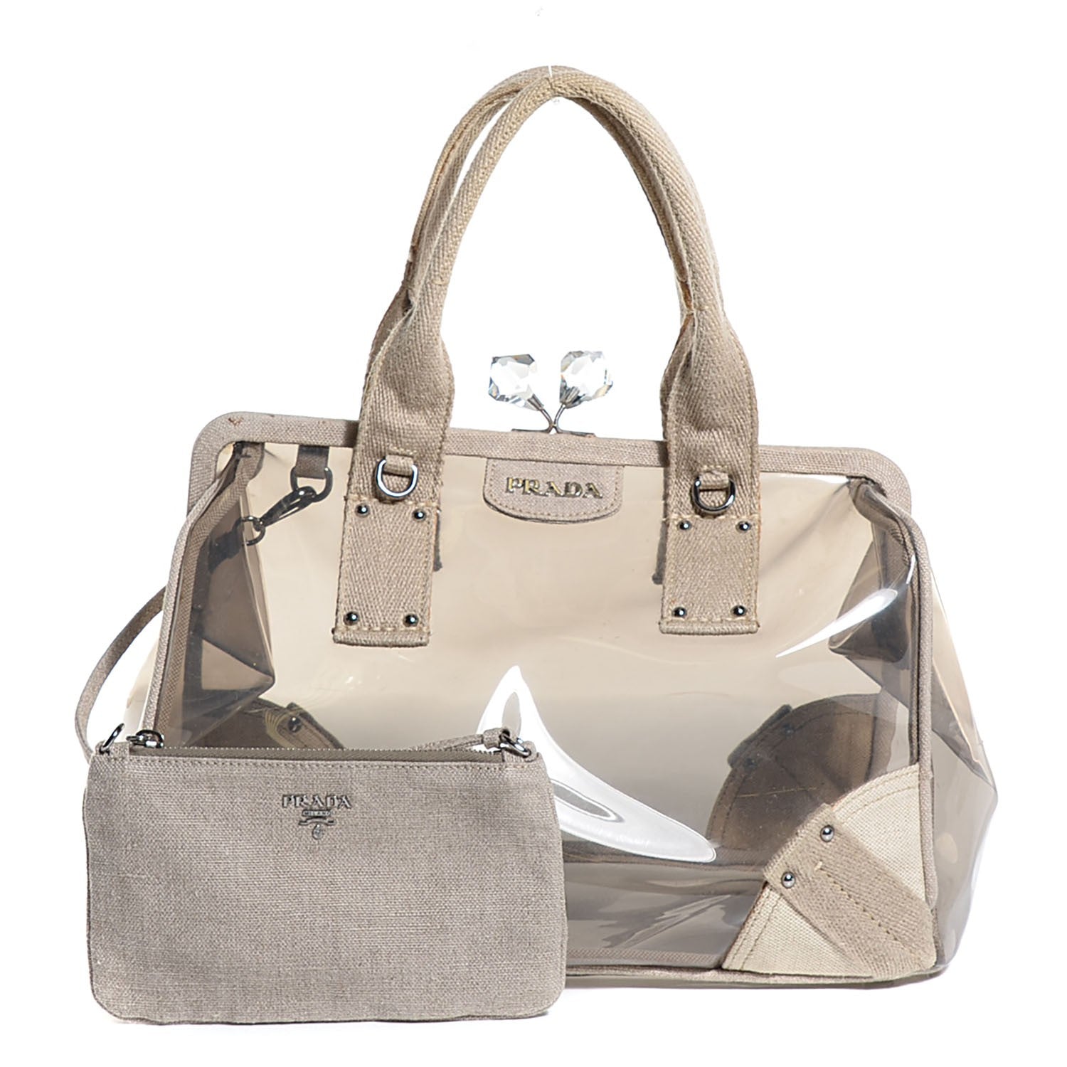 Prada Canvas Plexiglass Frame Crystal Kiss Lock Bag Naturale 1 of 10