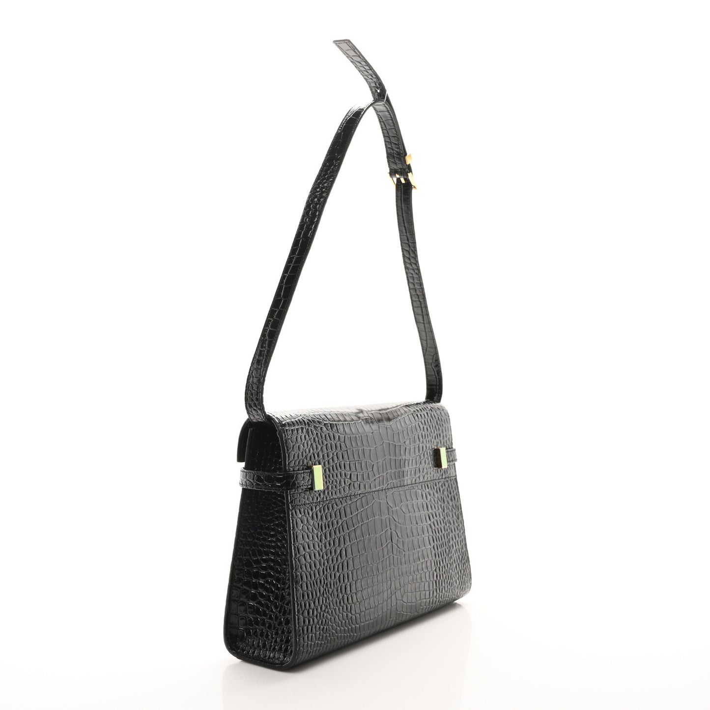 Shiny Calfskin Crocodile Embossed Manhattan Baguette Black