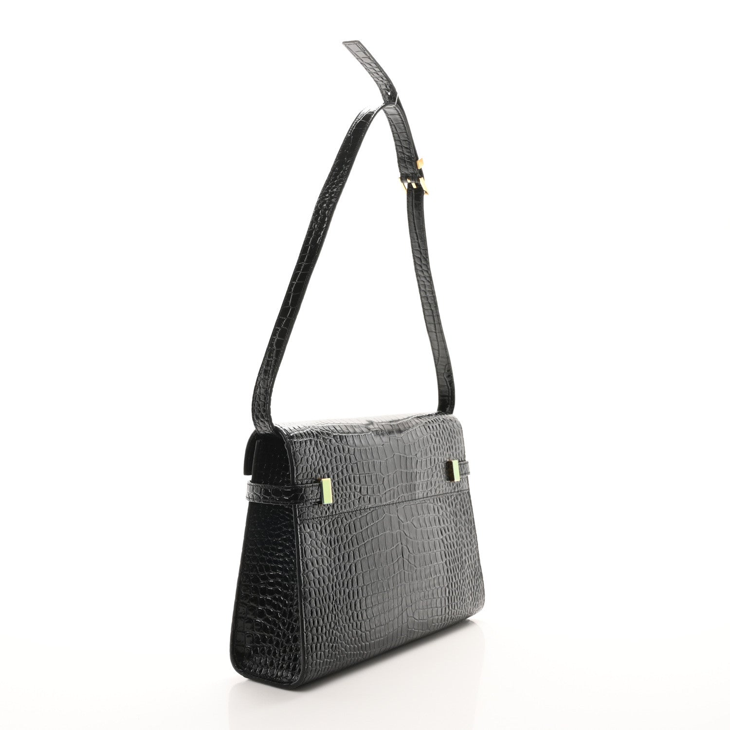 Saint Laurent Shiny Calfskin Crocodile Embossed Manhattan Baguette Black 3 of 10