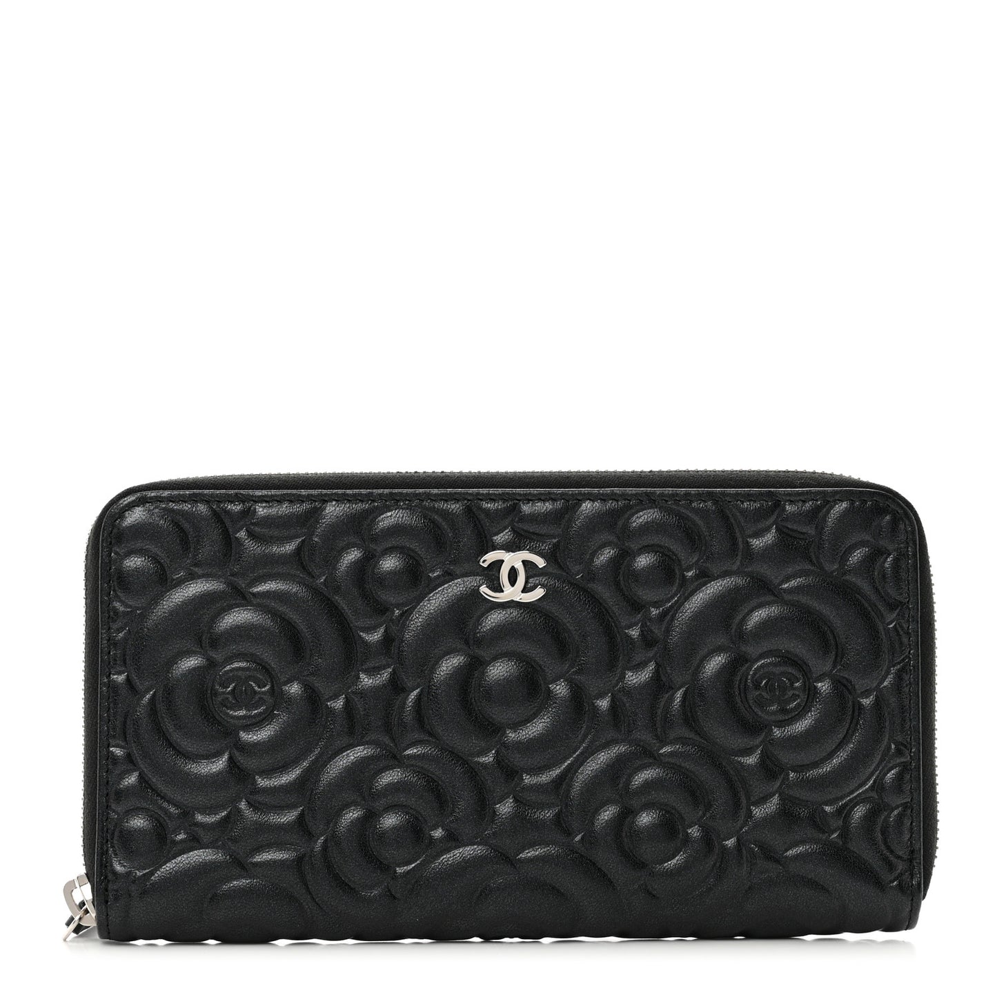 Iridescent Lambskin Camellia Embossed Large Zip Around Gusset Wallet Black