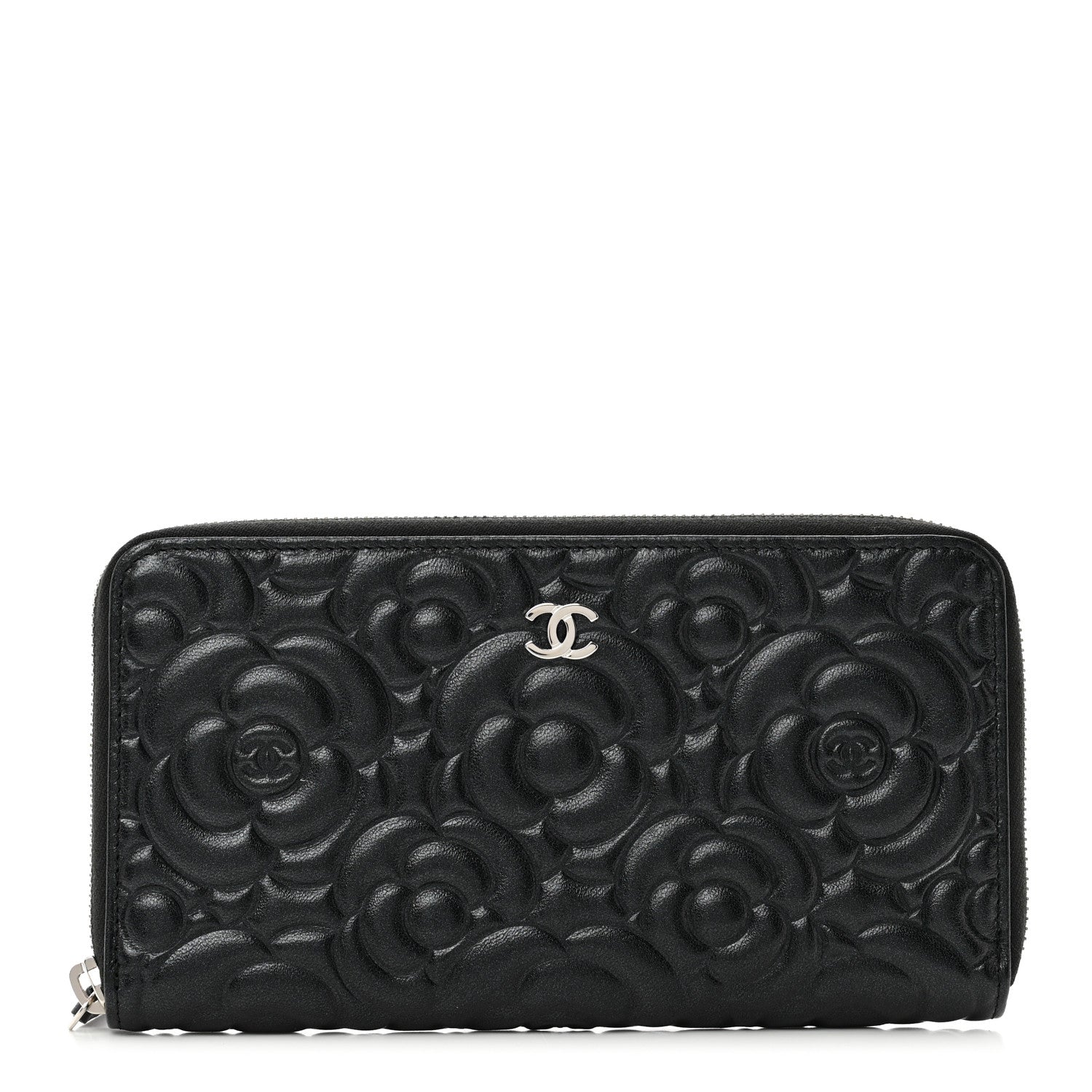 Chanel Iridescent Lambskin Camellia Embossed Large Zip Around Gusset Wallet Black 1 of 9