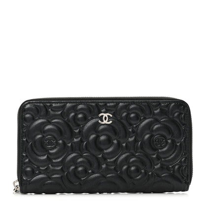 Chanel Iridescent Lambskin Camellia Embossed Large Zip Around Gusset Wallet Black 1 of 9