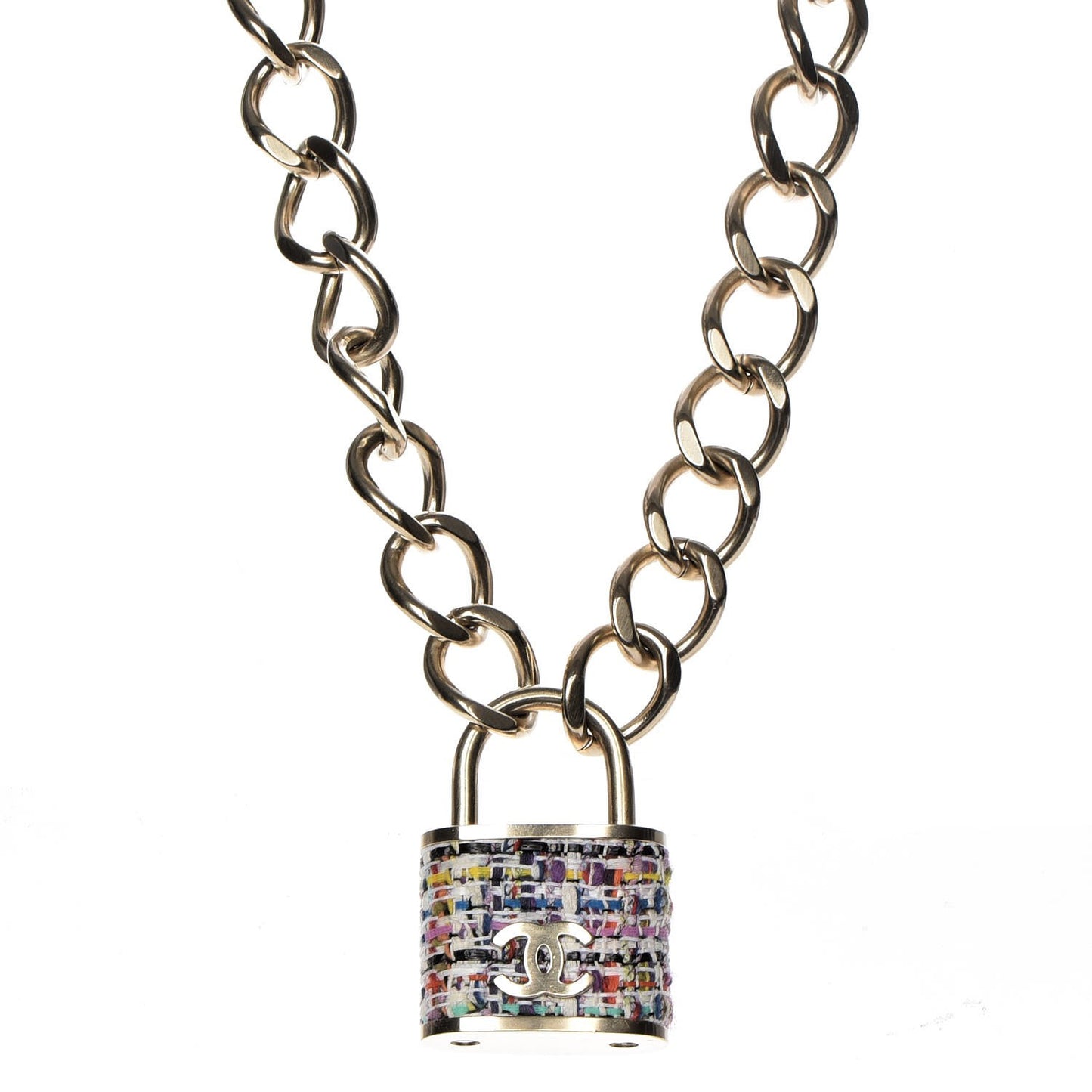 Tweed CC Padlock Chain Necklace Gold Multicolor