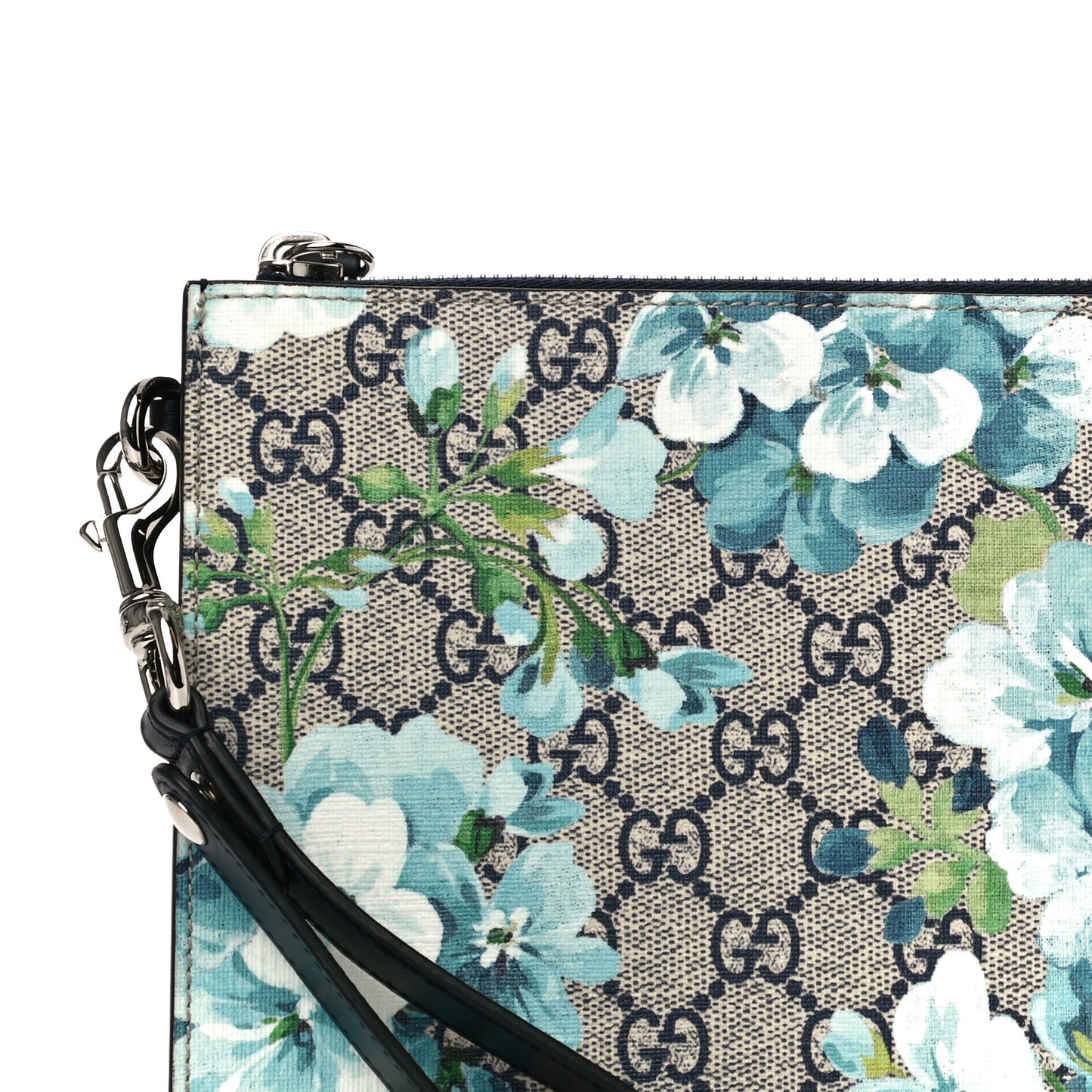 GG Supreme Monogram Blooms Small Zip Wristlet Pouch Beige Blue Black