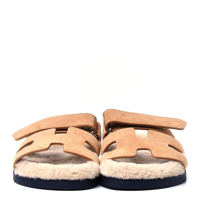 Hermes Suede Goatskin Woolskin Womens Chypre Sandals 36 Golden Beige 2 of 9
