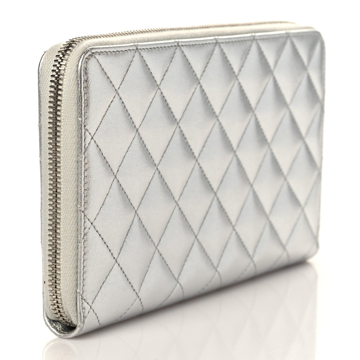 Iridescent Lambskin Quilted Large Zip Around Organizer Wallet Silver