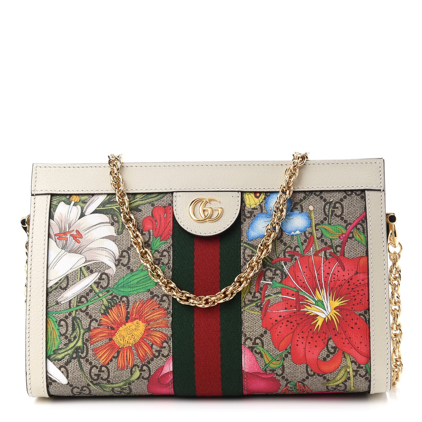 GG Supreme Monogram Flora Web Small Ophidia Chain Shoulder Bag White