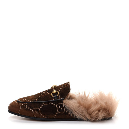 Gucci Velvet GG Monogram Fur Womens Princetown Slippers 37 Brown Black Natural 1 of 10